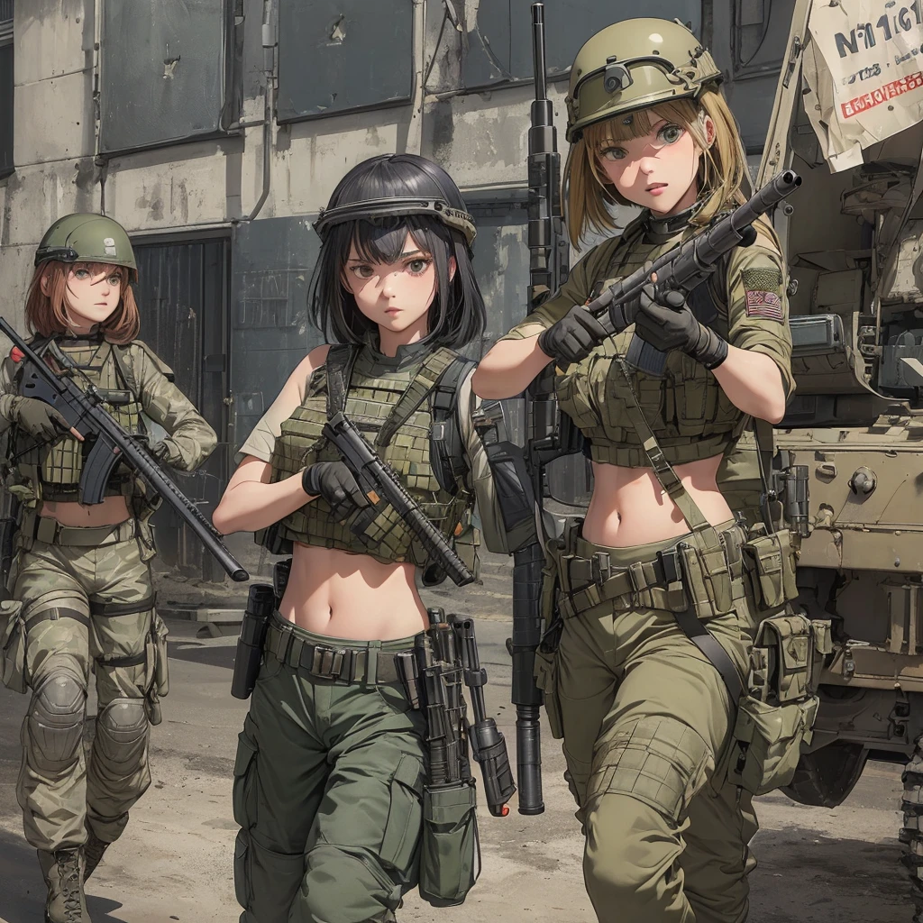 (A group of Womens in crop top military bulletproof vest) , military green cargo pants, belt, military helmet, tactical, (open navel), ((((aiming an m16)))), ((everyone showing navel)), patrolling