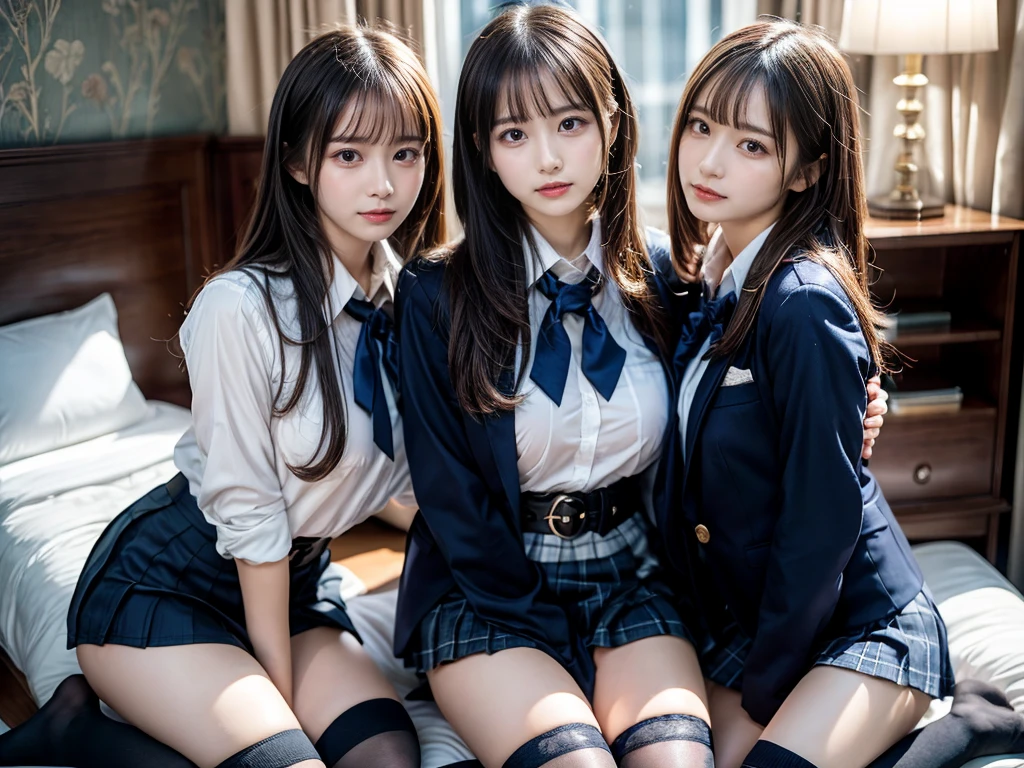 (8K, Raw photography, top-quality, ​masterpiece:1.2), master piece, best quality, illustration, Super detailed, fine details, High resolution, 8K,wall paper, perfect dynamic composition,(Details High quality, realistic depiction of eyes:1.3), ((2 girls, 2 schoolgirls)), The background is a luxury hotel room、High school girl uniform、blazer 、Super Short Check Uniform Skirt、Navy blue high socks、garterbelts、Colossal tits、Disturbed uniform, Play with each other,Touching each other's bodies,Touching the body of the girl next door, short bob hair, black hair color, huge breasts, Big Natural Color Lip, bold sexy pose, (perfect body shape), crying a little、cold gaze,  Beautiful makeup,glitter makeup,Cutest 18 years old, beautiful legs, hposing Gravure Idol, Voluptuous thighs