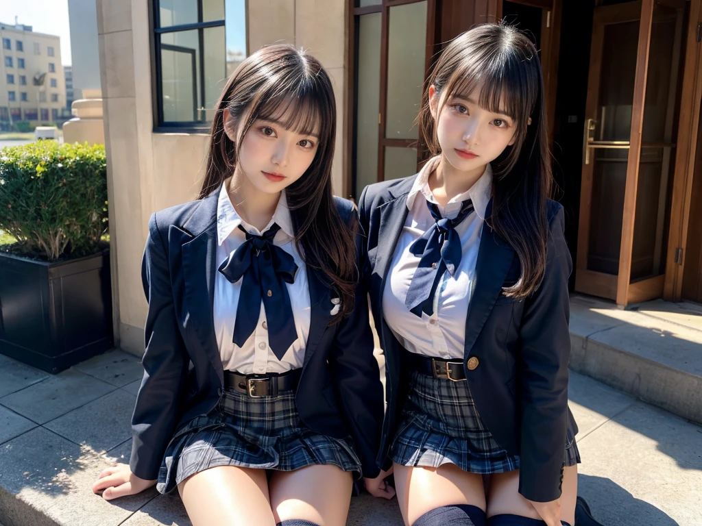 (8K, Raw photography, top-quality, ​masterpiece:1.2), master piece, best quality, illustration, Super detailed, fine details, High resolution, 8K,wall paper, perfect dynamic composition,(Details High quality, realistic depiction of eyes:1.3), ((2 girls, 2 schoolgirls)), The background is a luxury hotel room、High school girl uniform、blazer 、Super Short Check Uniform Skirt、Navy blue high socks、garterbelts、Colossal tits、Disturbed uniform, Play with each other,Touching each other's bodies,Touching the body of the girl next door, short bob hair, black hair color, huge breasts, Big Natural Color Lip, bold sexy pose, (perfect body shape), crying a little、cold gaze,  Beautiful makeup,glitter makeup,Cutest 18 years old, beautiful legs, hposing Gravure Idol, Voluptuous thighs
