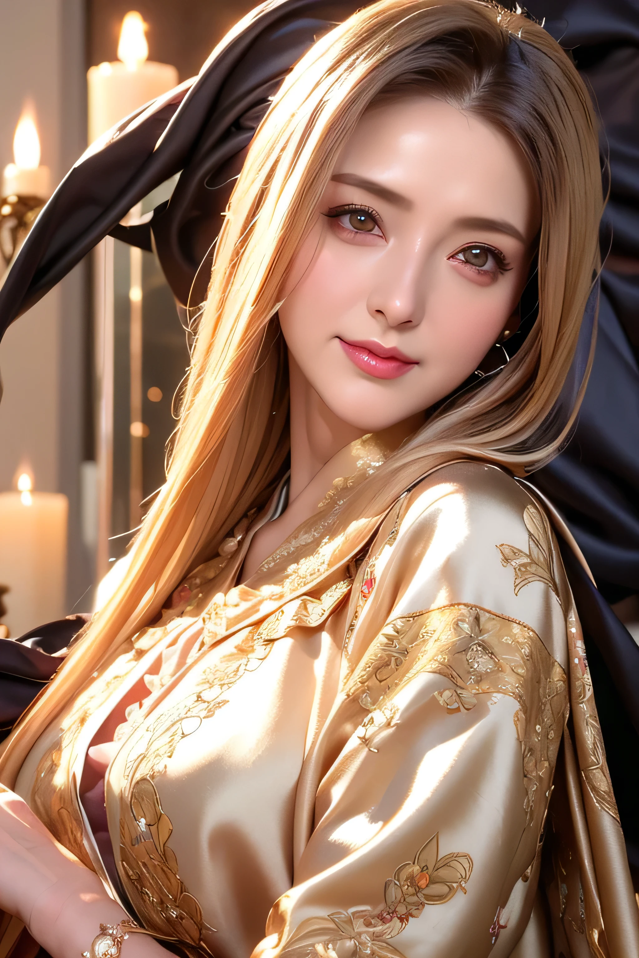Beautiful 8 year old girl, Big eyes, midum Breasts, thin, 8k, highest quality, (Very detailed head: 1.0), (Highly detailed face: 1.0), (Very thin hair: 1.0), Maid clothes, High-resolution official artwork, Anime Moe Art Style, Beautiful and detailed anime art, shy smile, Blonde, Sleek Long Hair,((Bewitching beautiful mature elite secretary in luxurious silk blouse:1.3)、
