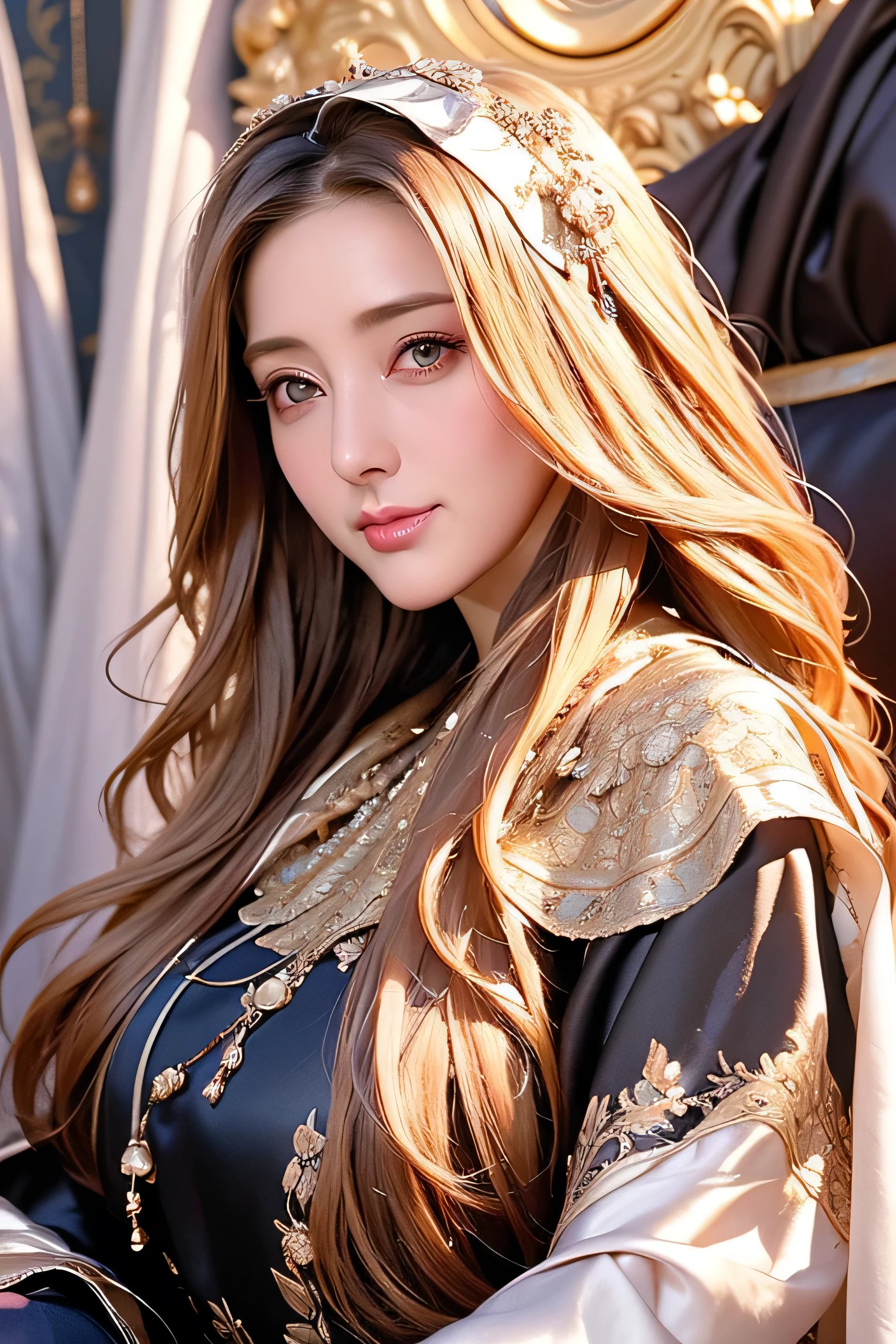 Beautiful 8 year old girl, Big eyes, midum Breasts, thin, 8k, highest quality, (Very detailed head: 1.0), (Highly detailed face: 1.0), (Very thin hair: 1.0), Maid clothes, High-resolution official artwork, Anime Moe Art Style, Beautiful and detailed anime art, shy smile, Blonde, Sleek Long Hair,((Bewitching beautiful mature elite secretary in luxurious silk blouse:1.3)、