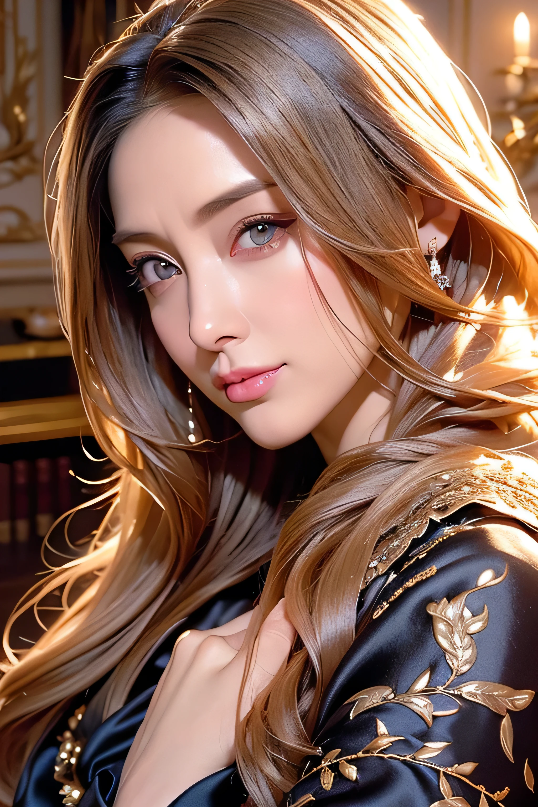 Beautiful 8 year old girl, Big eyes, midum Breasts, thin, 8k, highest quality, (Very detailed head: 1.0), (Highly detailed face: 1.0), (Very thin hair: 1.0), Maid clothes, High-resolution official artwork, Anime Moe Art Style, Beautiful and detailed anime art, shy smile, Blonde, Sleek Long Hair,((Bewitching beautiful mature elite secretary in luxurious silk blouse:1.3)、