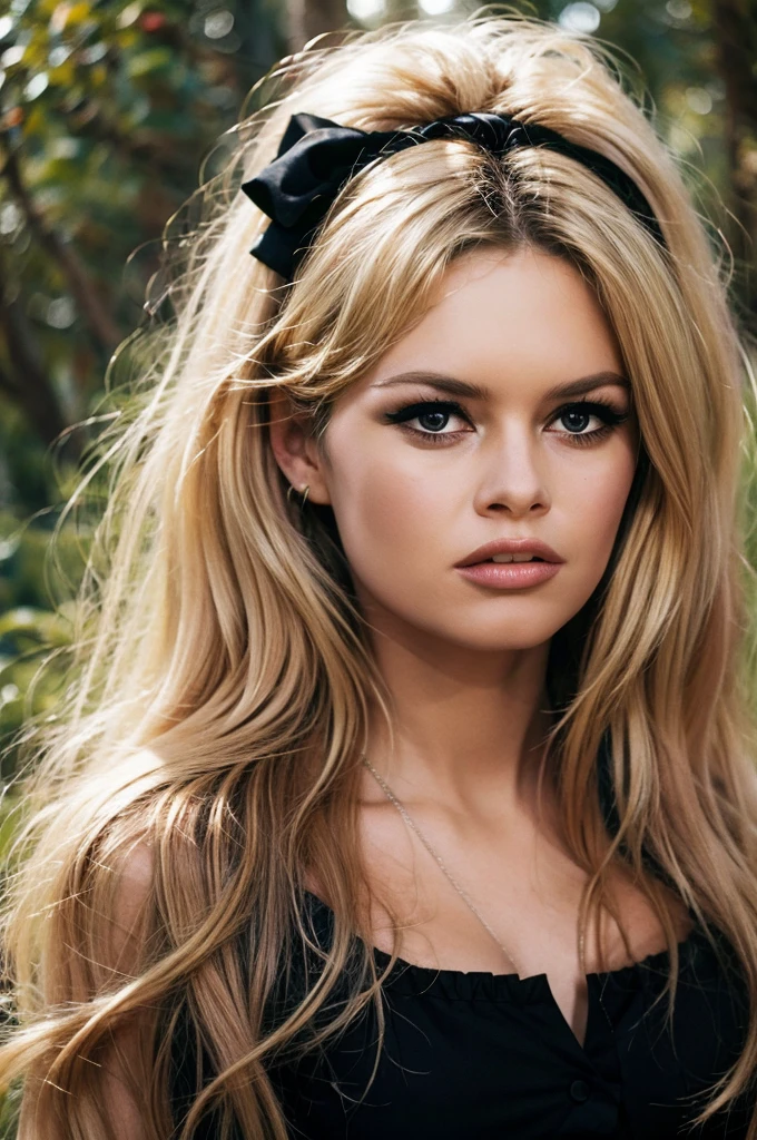 Detailed Photo of 1 bbardot woman with dark eye makeup and a black bow on her head, detailed face, Beautiful, Perfect Eyes, (highly detailed skin:1.1), perfect body, wearing a swing dress, Professional Photography, Soft Lighting, Photorealistic, Realistic, ((Fog:1.2)), ((in a Forest background)), blurred background, volumetric fog, God Rays, Bokeh, RAW, analog style, sharp focus, 8k, high res, DSLR, high quality, Fujifilm XT3, film grain, award winning, stunning