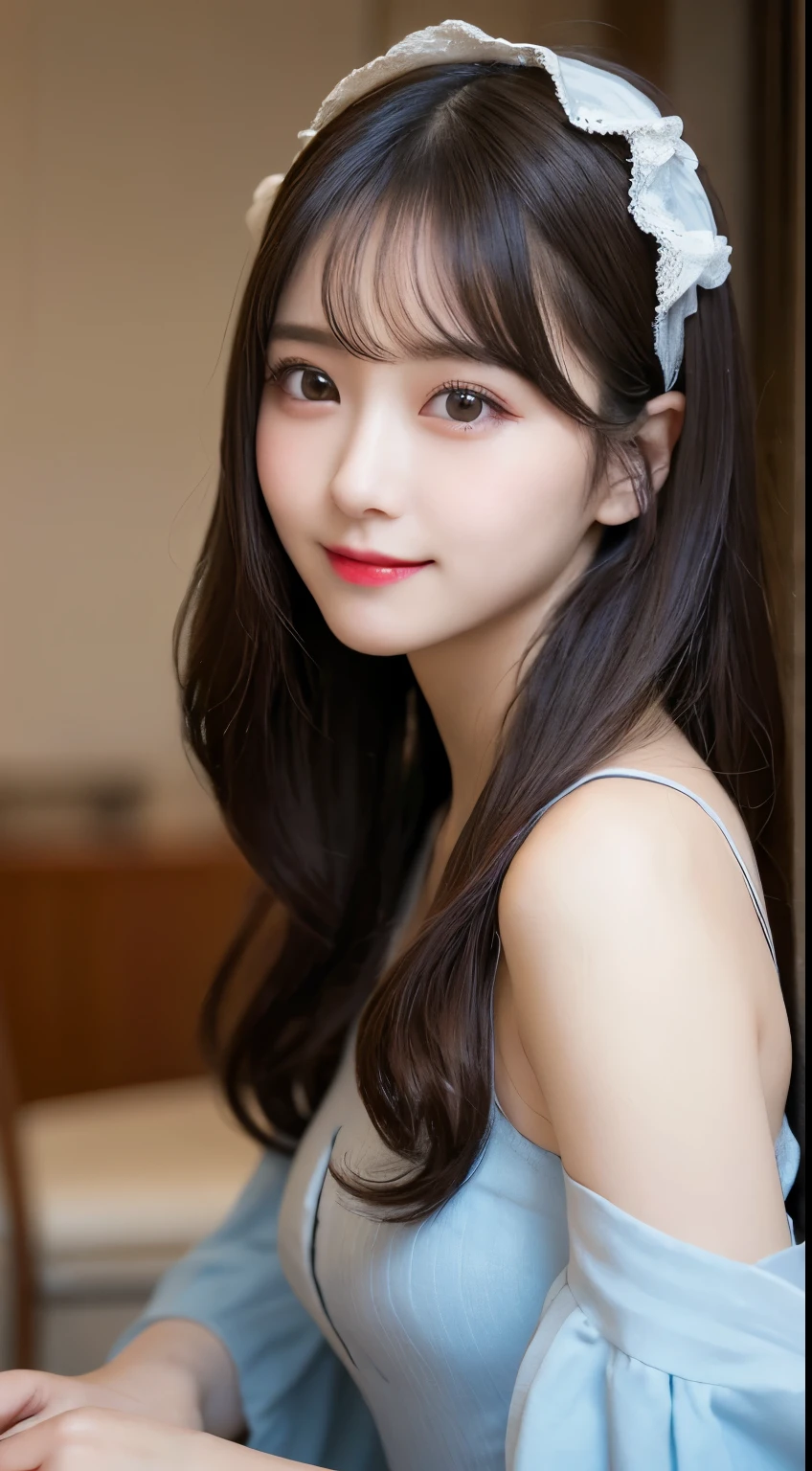 Tabletop, highest quality, shape, Very detailed, finely, High resolution, 8k wallpaper, 完璧なダイナミックな構shape, Beautiful and exquisite,ランダムなcute髪,,Natural color lip、20-year-old girl、cute、Looking into the camera,Always blur the background,Perfect and beautiful face,Slim face and figure,Big eyes、Putting on gal makeup,Small face,Shooting from below、Blurred Background,Elegant feminine face、Cyberpunk Fashion、smile、Change pose randomly、Randomly change the shooting angle and position、one person、Lolita Fashion