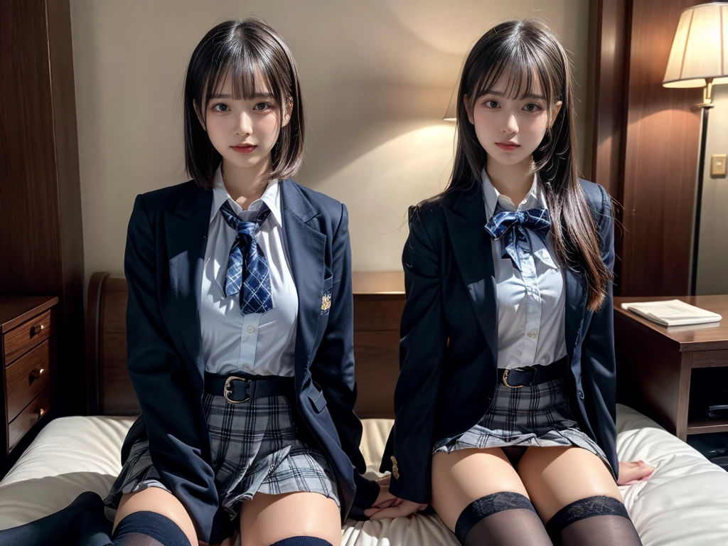 (8K, Raw photography, top-quality, masterpiece:1.2), master piece, best quality, illustration, Super detailed, fine details, High resolution, 8K,wall paper, perfect dynamic composition,(Details High quality, realistic depiction of eyes:1.3), ((2 girls, 2 schoolgirls)), The background is a luxury hotel room、High school girl uniform、blazer 、Super Short Check Uniform Skirt、Navy blue high socks、garterbelts、Colossal tits、Disturbed uniform, Play with each other,Touching each other's bodies,Touching the body of the girl next door, short bob hair, black hair color, huge breasts, Big Natural Color Lip, bold sexy pose, (perfect body shape), crying a little、cold gaze, Beautiful makeup,glitter makeup,Cutest 18 years old, beautiful legs, hposing Gravure Idol, Voluptuous thighs