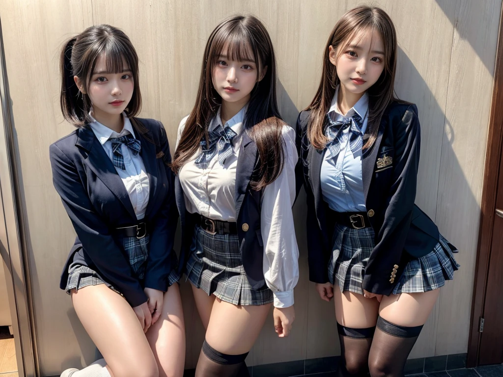 (8K, Raw photography, top-quality, masterpiece:1.2), master piece, best quality, illustration, Super detailed, fine details, High resolution, 8K,wall paper, perfect dynamic composition,(Details High quality, realistic depiction of eyes:1.3), ((2 girls, 2 schoolgirls)), The background is a luxury hotel room、High school girl uniform、blazer 、Super Short Check Uniform Skirt、Navy blue high socks、garterbelts、Colossal tits、Disturbed uniform, Play with each other,Touching each other's bodies,Touching the body of the girl next door, short bob hair, black hair color, huge breasts, Big Natural Color Lip, bold sexy pose, (perfect body shape), crying a little、cold gaze, Beautiful makeup,glitter makeup,Cutest 18 years old, beautiful legs, hposing Gravure Idol, Voluptuous thighs
