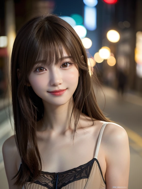 1 Japanese girl,(underwear:1.4), (RAW Photos, highest quality), (Realistic, Photorealistic:1.4), masterpiece, Very delicate and beautiful, Very detailed, 8k wallpaper, wonderful, In detail, Very detailedなCG Unity, High resolution, Soft Light, Beautifully detailed 17 year old girl, Very detailedな目と顔, Beautifully detailed nose, Beautiful fine details,Cinema Lighting,City lights at night,Perfect Anatomy,Slender body,Medium Breasted,smile, (My hair is messy, Asymmetrical bangs, Light brown hair,),