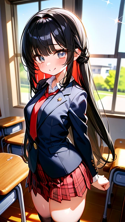 Anime style girl posing for a photo, cuteアニメの女の子,
(((Ultra-high resolution)), ((highest quality)), ((masterpiece)), (Very detailed), (Beautiful sparkle), (Anatomically correct)), ((The best CG)),
CG illustration, 8k, 1080P, Anime 2D Rendering,
(((One Girl))),
(Symmetrical facial features:1.4, Perfect Face), Beautiful clavicle, (Beautiful fingers), (((Beautiful breasts, Small breasts))), Beautiful body, Beautiful thighs, Beautiful legs, Perfect round ass,
(((Detailed skin, Oily skin, Textured skin, Beautiful white skin:1.4))),
(((Baby Face, cute, 10 years old))),
(Droopy eyes, Expression of fine eyes, Beautiful and delicate eyes, Sparkling eyes, Eye Reflexes, Dark Eyes),
(Beautiful Nose,Thin Nose),
(Smaller mouth, Glossy lips, Beautiful Lips, Thick lips),
(Beautiful Hair, Shiny Hair, Shiny Hair), Hair fluttering, (((Black Hair, airy long hair, amount))),
((Collared short-sleeved shirt:1.4, Plain blue blazer:1.4, Red Plaid Pleated Skirt, Red tie))、(Black Pantyhose、loafers)、
BREAK
(smile、Embarrassed expression、Blushing),
(Character Focus, Cowboy Shot),
((noon、A classroom bathed in sunlight)),