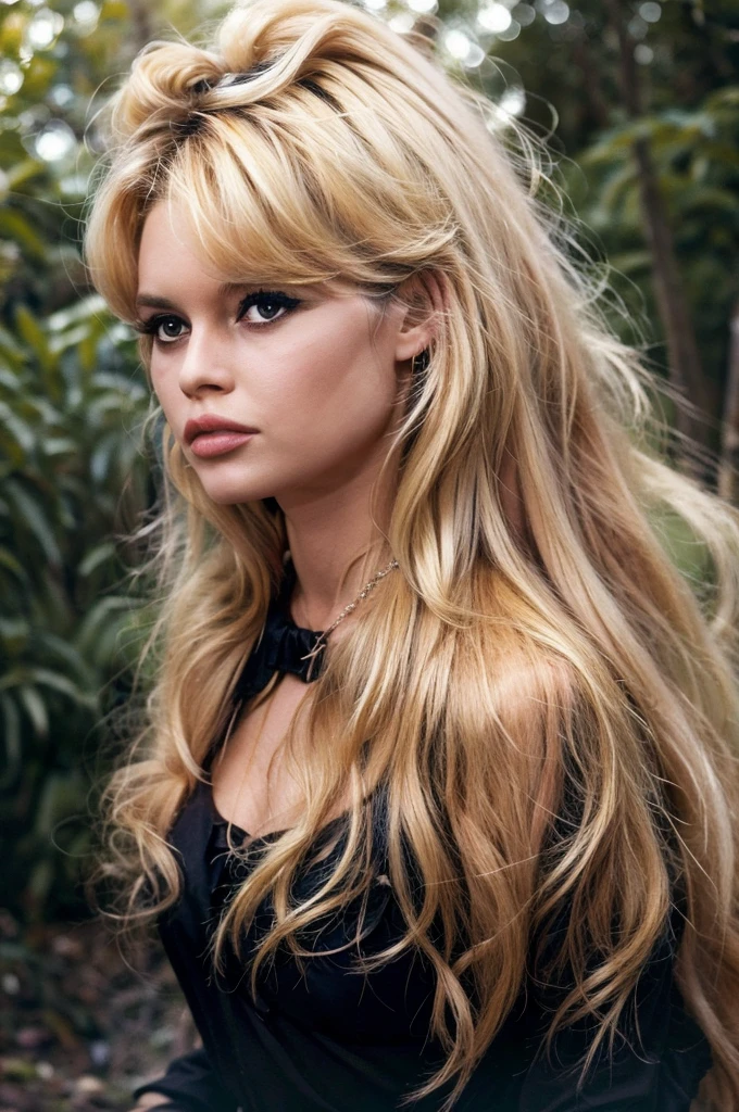 Detailed Photo of 1 bbardot woman with dark eye makeup and a black bow on her head, detailed face, Beautiful, Perfect Eyes, (highly detailed skin:1.1), perfect body, wearing a swing dress, Professional Photography, Soft Lighting, Photorealistic, Realistic, ((Fog:1.2)), ((in a Forest background)), blurred background, volumetric fog, God Rays, Bokeh, RAW, analog style, sharp focus, 8k, high res, DSLR, high quality, Fujifilm XT3, film grain, award winning, stunning