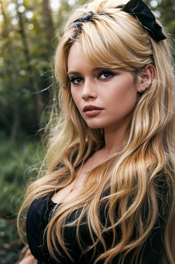 Detailed Photo of 1 bbardot woman with dark eye makeup and a black bow on her head, detailed face, Beautiful, Perfect Eyes, (highly detailed skin:1.1), perfect body, wearing a swing dress, Professional Photography, Soft Lighting, Photorealistic, Realistic, ((Fog:1.2)), ((in a Forest background)), blurred background, volumetric fog, God Rays, Bokeh, RAW, analog style, sharp focus, 8k, high res, DSLR, high quality, Fujifilm XT3, film grain, award winning, stunning