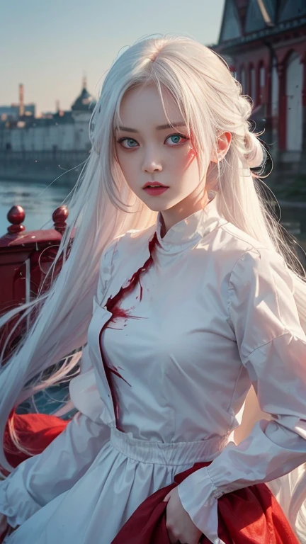 cute_girl,Little Ghost,Fair_skin,,Oval face,Light_blush,Red Eyes,demon_wing,lol,(white hair), long red hair, Red Eyes, (whole body), angry face, (Beautiful and delicate eyes), Blood Drop,Blood Mist, Flowing hair, disheveled hair, Splashing blood,(Blood),Stand on the city wall，panoramic