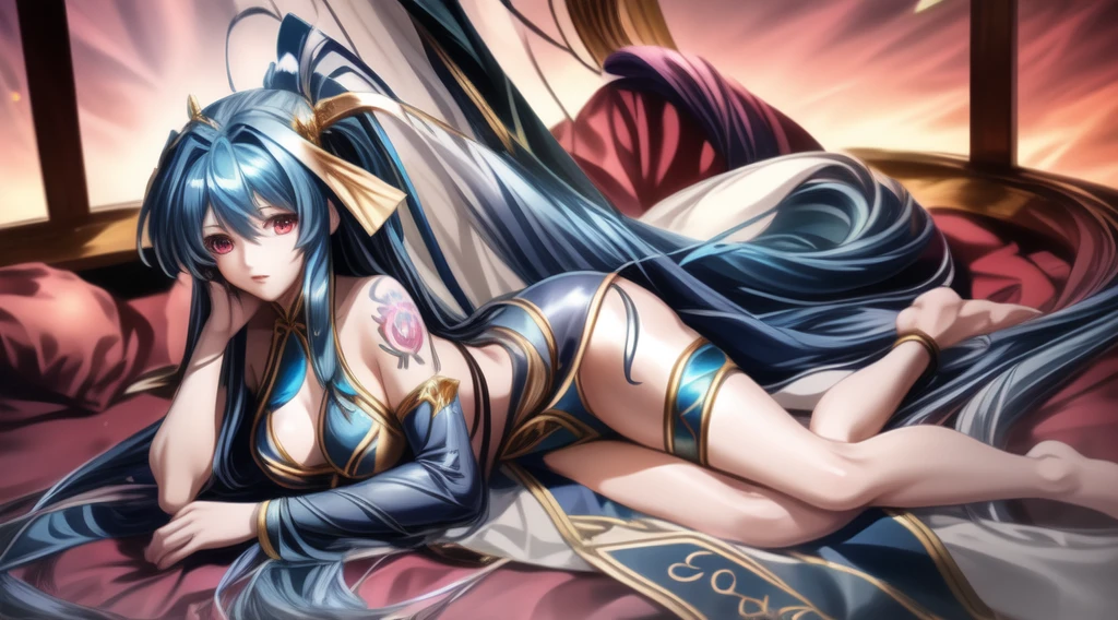 The blue long-haired goddess has dragon horns, tail, claws, bikini, dragon scales tattoos on her feet,Sea
