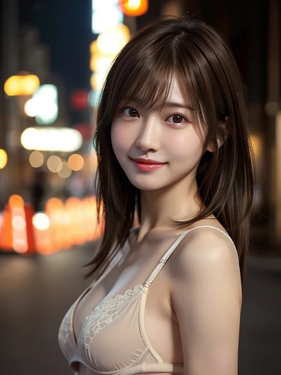 1 Japanese girl,(underwear:1.4), (RAW Photos, highest quality), (Realistic, Photorealistic:1.4), masterpiece, Very delicate and beautiful, Very detailed, 8k wallpaper, wonderful, In detail, Very detailedなCG Unity, High resolution, Soft Light, Beautifully detailed girl, Very detailedな目と顔, Beautifully detailed nose, Beautiful fine details,Cinema Lighting,City lights at night,Perfect Anatomy,Slender body,Naughty pose,Medium Breasted,smile, (My hair is messy, Asymmetrical bangs, Light brown hair,),