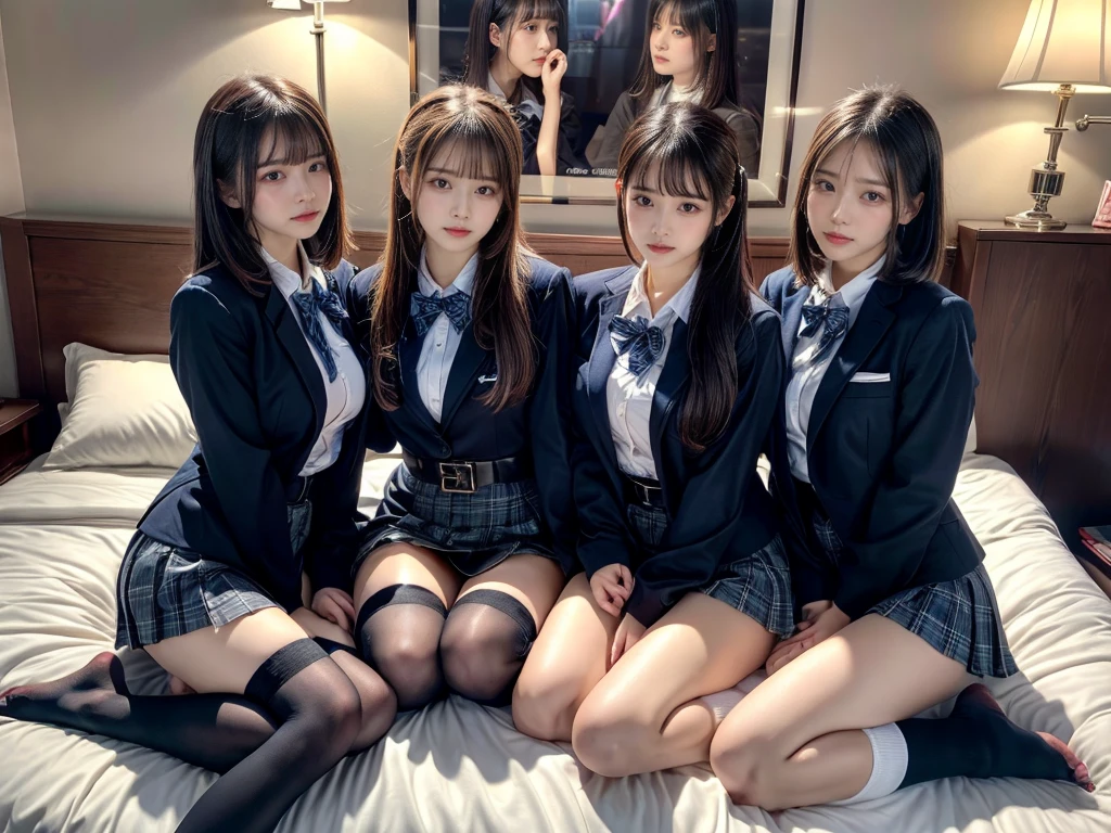 (8K, Raw photography, top-quality, masterpiece:1.2), master piece, best quality, illustration, Super detailed, fine details, High resolution, 8K,wall paper, perfect dynamic composition,(Details High quality, realistic depiction of eyes:1.3), ((2 girls, 2 schoolgirls)), The background is a luxury hotel room、High school girl uniform、blazer 、Super Short Check Uniform Skirt、Navy blue high socks、garterbelts、Colossal tits、Disturbed uniform, Play with each other,Touching each other's bodies,Touching the body of the girl next door, short bob hair, black hair color, huge breasts, Big Natural Color Lip, bold sexy pose, (perfect body shape), crying a little、cold gaze, Beautiful makeup,glitter makeup,Cutest 18 years old, beautiful legs, hposing Gravure Idol, Voluptuous thighs