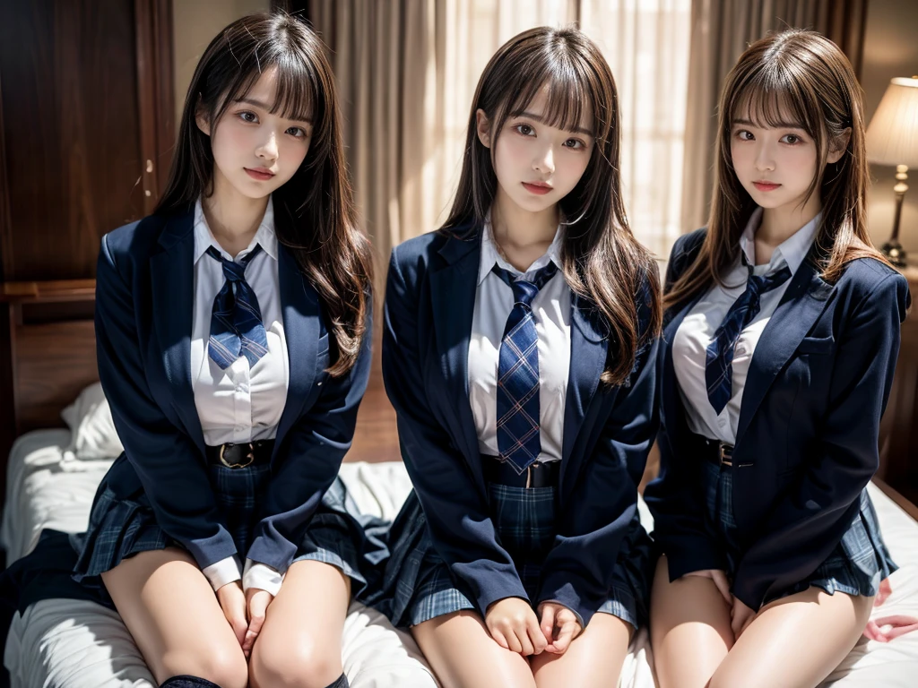 (8K, Raw photography, top-quality, ​masterpiece:1.2), master piece, best quality, illustration, Super detailed, fine details, High resolution, 8K,wall paper, perfect dynamic composition,(Details High quality, realistic depiction of eyes:1.3), ((2 girls, 2 schoolgirls)), The background is a luxury hotel room、High school girl uniform、blazer 、Super Short Check Uniform Skirt、Navy blue high socks、garterbelts、Colossal tits、Disturbed uniform, Play with each other,Touching each other's bodies,Touching the body of the girl next door, short bob hair, black hair color, huge breasts, Big Natural Color Lip, bold sexy pose, (perfect body shape), crying a little、cold gaze,  Beautiful makeup,glitter makeup,Cutest 18 years old, beautiful legs, hposing Gravure Idol, Voluptuous thighs