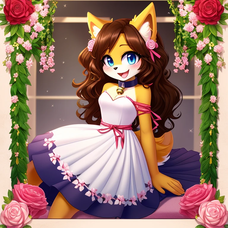 best quality,best resolution,(fluffy anthro furry :1.6),(young :1.6),solo,dog girl,small breasts,gold canine ears,gold dog tail,gold body fur,dark brown long hair,wavy hair,curvy hair,blue eyes,sparkle eyes,glistering eyes,small bell collar,flower hair ornaments,white dress with flower embroidery,raffles,sleeveless,bare shoulder,flowers surronded,floral decoraton ornaments,ribbon bondage,luxury flower shop,looking at viewer,full face blush,shy face,horny smile,open mouth,panoramic view,sitting,gorgeous gown with gold floral embroidered