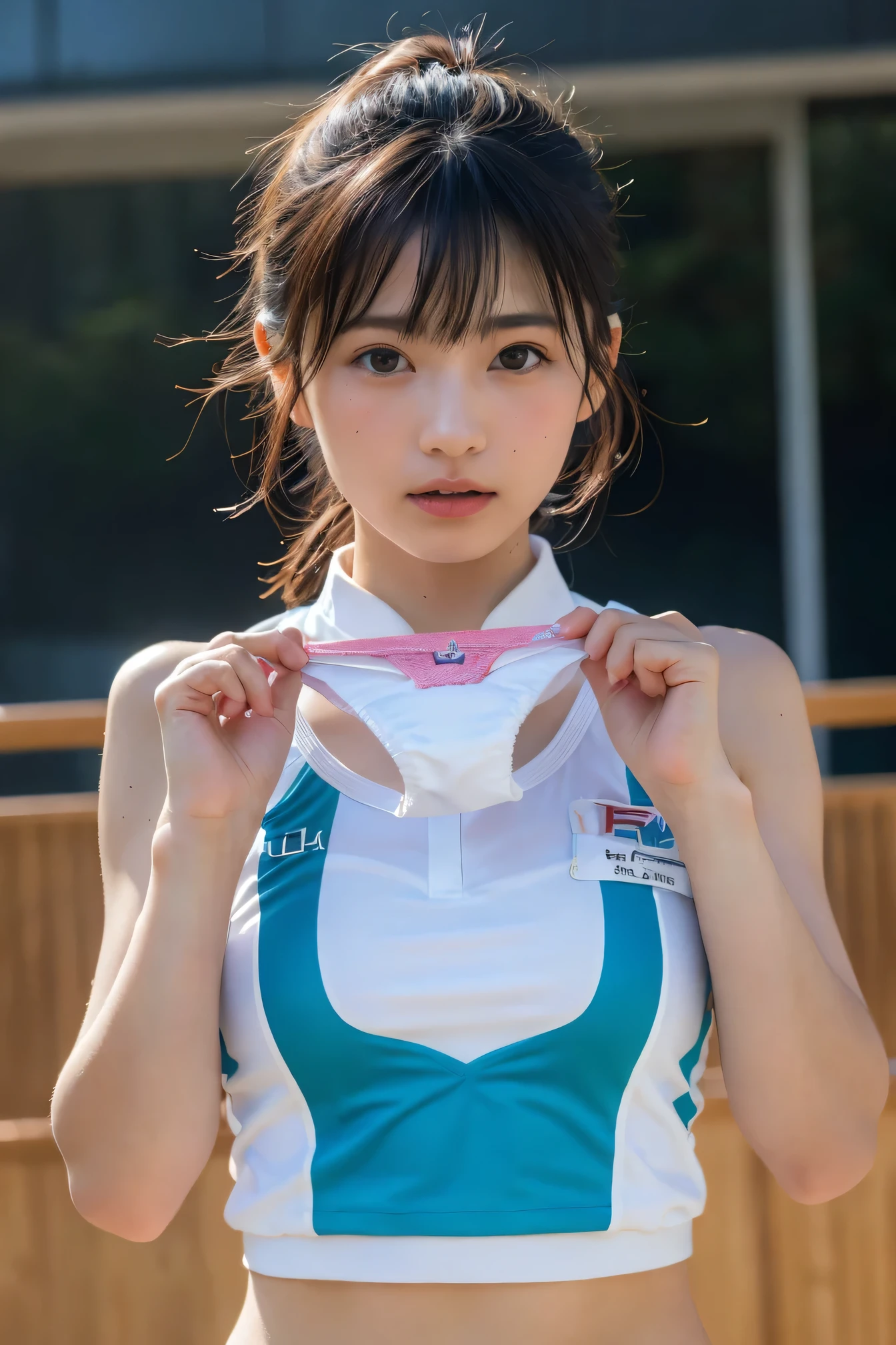 (8k, RAW Photos,highest quality, High resolution:1.1), (Ultra-realistic:1.4),(Realistic, Realistic:1.3),The Beauty of Japan、Rhythmic gymnastics club、Rhythmic Gymnastics Uniform、((Upper Body:1.3)),holding panties 