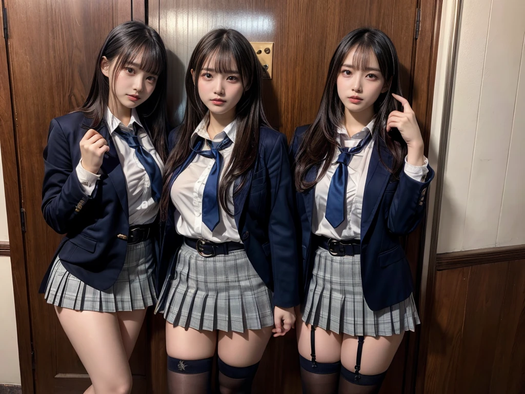 (8K, Raw photography, top-quality, masterpiece:1.2), master piece, best quality, illustration, Super detailed, fine details, High resolution, 8K,wall paper, perfect dynamic composition,(Details High quality, realistic depiction of eyes:1.3), ((2 girls, 2 schoolgirls)), The background is a luxury hotel room、High school girl uniform、blazer 、Super Short Check Uniform Skirt、Navy blue high socks、garterbelts、Colossal tits、Disturbed uniform, Play with each other,Touching each other's bodies,Touching the body of the girl next door, short bob hair, black hair color, huge breasts, Big Natural Color Lip, bold sexy pose, (perfect body shape), crying a little、cold gaze, Beautiful makeup,glitter makeup,Cutest 18 years old, beautiful legs, hposing Gravure Idol, Voluptuous thighs