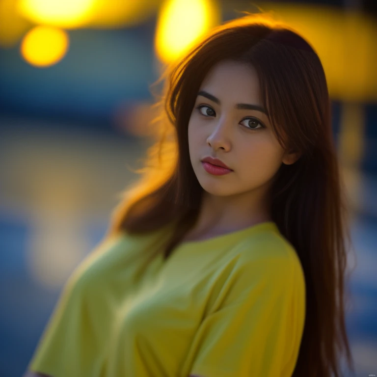 8K images, Shot with a high quality Fuji 45 camera.,000,000 pixels raw photo, best quality, Masterpiece:1.2), (realistic, photo-realistic:1.37), very detailed,1 woman,cute, Action in various poses, alone, outdoor warm light,) night sky warm light,) wide aperture, professional lighting, Sony A7R4, 50mm sessile lens. 2 medium sized breasts,Beautifully detailed eyes,(dark yellow t-shirt,) Long, flowing hair blows up.:1.2) realistic light colors,