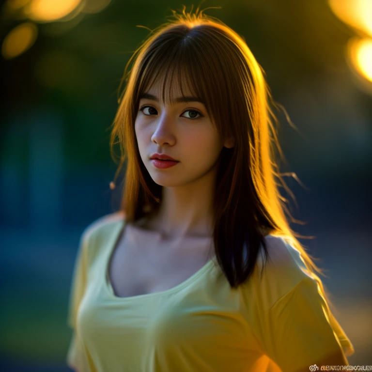 8K images, Shot with a high quality Fuji 45 camera.,000,000 pixels raw photo, best quality, Masterpiece:1.2), (realistic, photo-realistic:1.37), very detailed,1 woman,cute, Action in various poses, alone, outdoor warm light,) night sky warm light,) wide aperture, professional lighting, Sony A7R4, 50mm sessile lens. 2 medium sized breasts,Beautifully detailed eyes,(dark yellow t-shirt,) Long, flowing hair blows up.:1.2) realistic light colors,