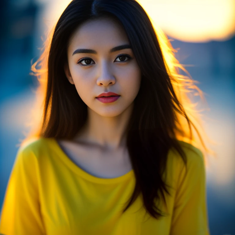 8K images, Shot with a high quality Fuji 45 camera.,000,000 pixels raw photo, best quality, Masterpiece:1.2), (realistic, photo-realistic:1.37), very detailed,1 woman,cute, Action in various poses, alone, outdoor warm light,) night sky warm light,) wide aperture, professional lighting, Sony A7R4, 50mm sessile lens. 2 medium sized breasts,Beautifully detailed eyes,(dark yellow t-shirt,) Long, flowing hair blows up.:1.2) realistic light colors,