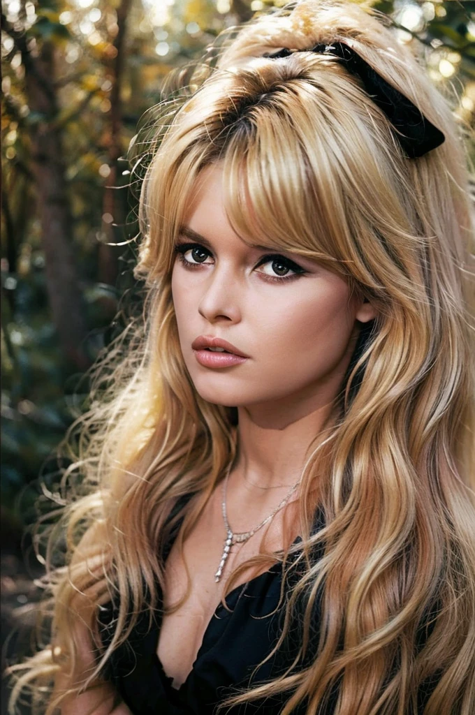 Detailed Photo of 1 bbardot woman with dark eye makeup and a black bow on her head, detailed face, Beautiful, Perfect Eyes, (highly detailed skin:1.1), perfect body, wearing a swing dress, Professional Photography, Soft Lighting, Photorealistic, Realistic, ((Fog:1.2)), ((in a Forest background)), blurred background, volumetric fog, God Rays, Bokeh, RAW, analog style, sharp focus, 8k, high res, DSLR, high quality, Fujifilm XT3, film grain, award winning, stunning