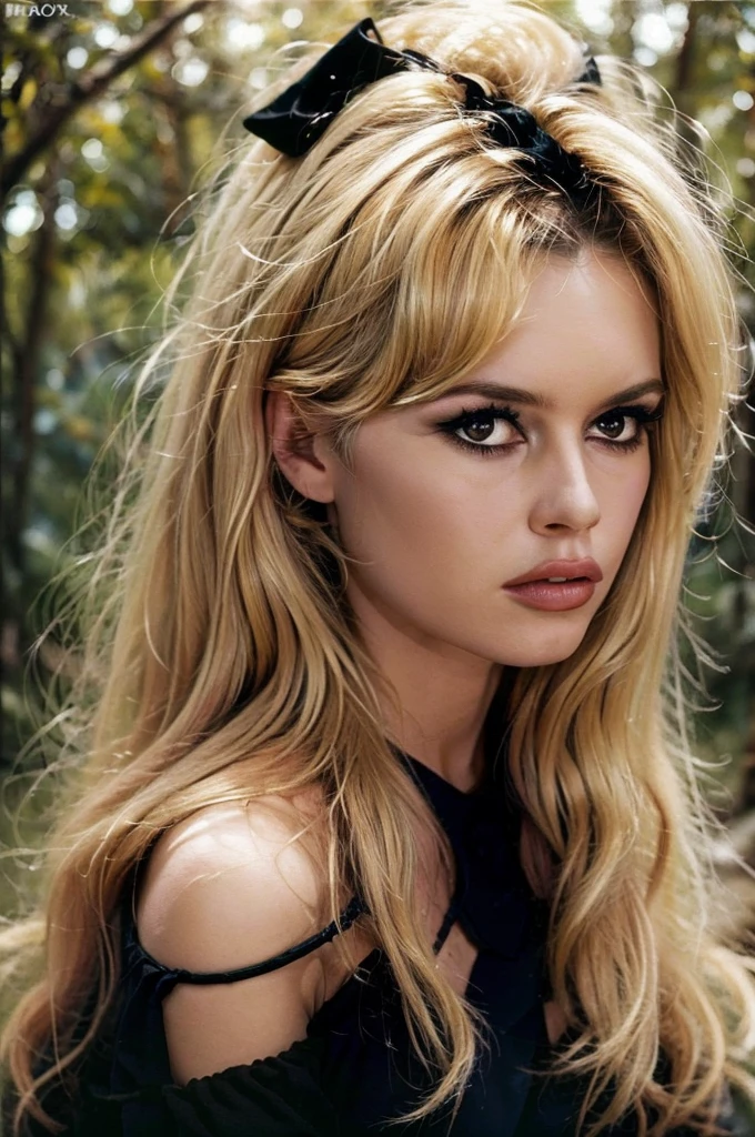 Detailed Photo of 1 bbardot woman with dark eye makeup and a black bow on her head, detailed face, Beautiful, Perfect Eyes, (highly detailed skin:1.1), perfect body, wearing a swing dress, Professional Photography, Soft Lighting, Photorealistic, Realistic, ((Fog:1.2)), ((in a Forest background)), blurred background, volumetric fog, God Rays, Bokeh, RAW, analog style, sharp focus, 8k, high res, DSLR, high quality, Fujifilm XT3, film grain, award winning, stunning