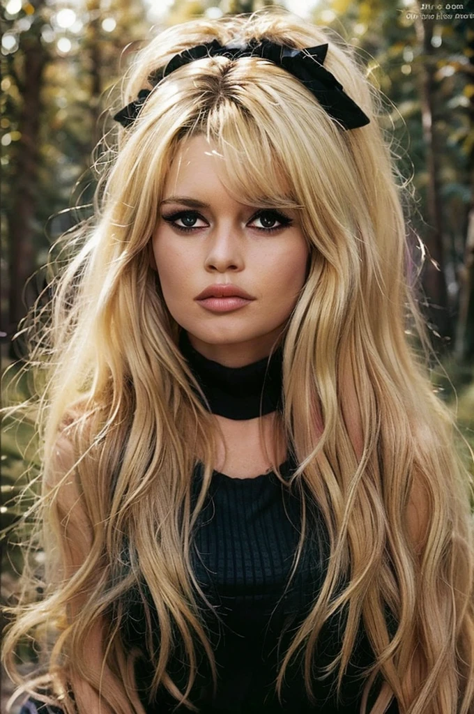 Detailed Photo of 1 bbardot woman with dark eye makeup and a black bow on her head, detailed face, Beautiful, Perfect Eyes, (highly detailed skin:1.1), perfect body, wearing a swing dress, Professional Photography, Soft Lighting, Photorealistic, Realistic, ((Fog:1.2)), ((in a Forest background)), blurred background, volumetric fog, God Rays, Bokeh, RAW, analog style, sharp focus, 8k, high res, DSLR, high quality, Fujifilm XT3, film grain, award winning, stunning