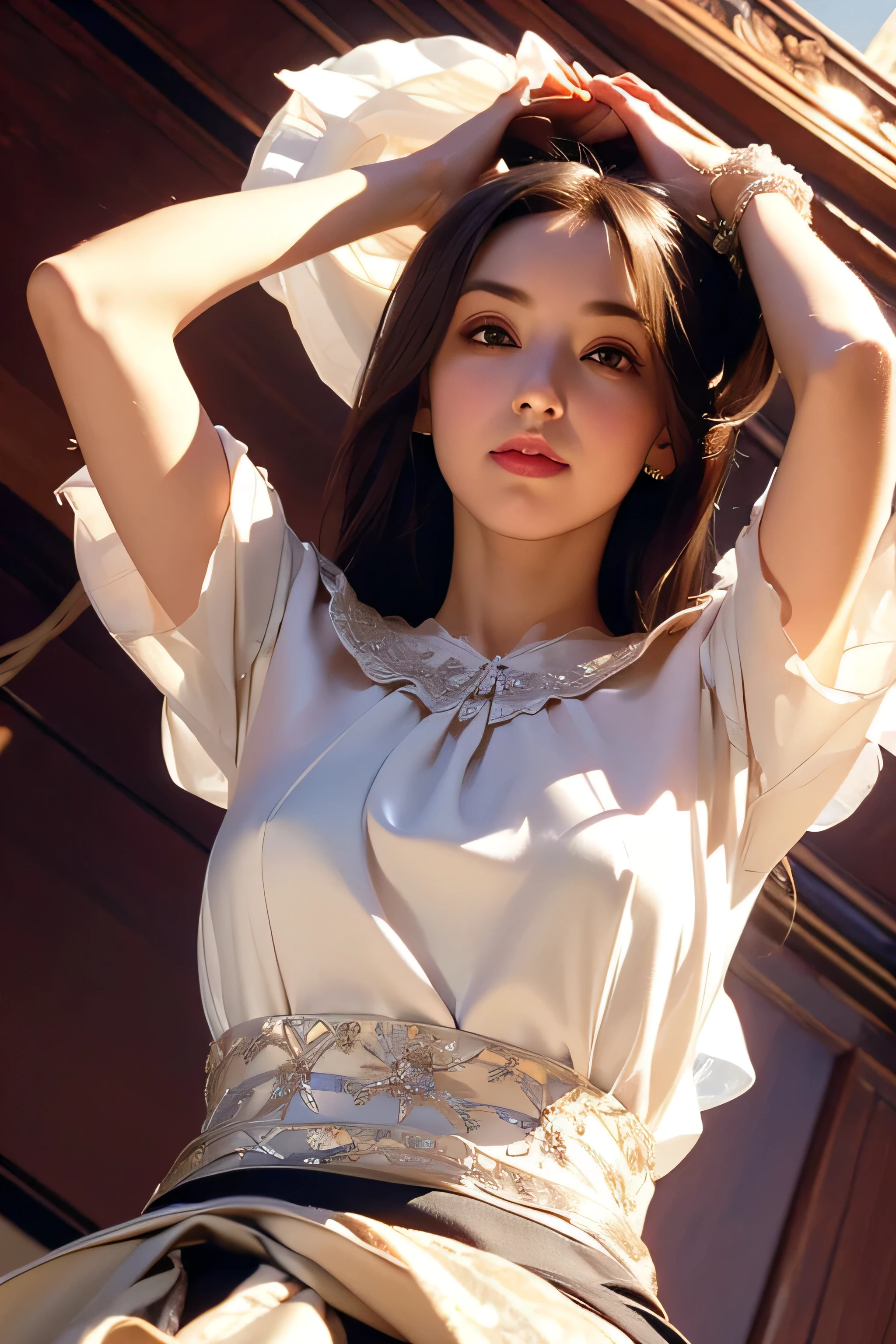 Beautiful 8 year old girl, Big eyes, midum Breasts, thin, 8k, highest quality, (Very detailed head: 1.0), (Highly detailed face: 1.0), (Very thin hair: 1.0), Maid clothes, High-resolution official artwork, Anime Moe Art Style, Beautiful and detailed anime art, shy smile, Blonde, Sleek Long Hair,((Blouses and skirts, Wearing a silk blouse, wear a shirt and skirt:1.3)),((arms up:1.3)),((look down at the viewer,from below:1.5)),