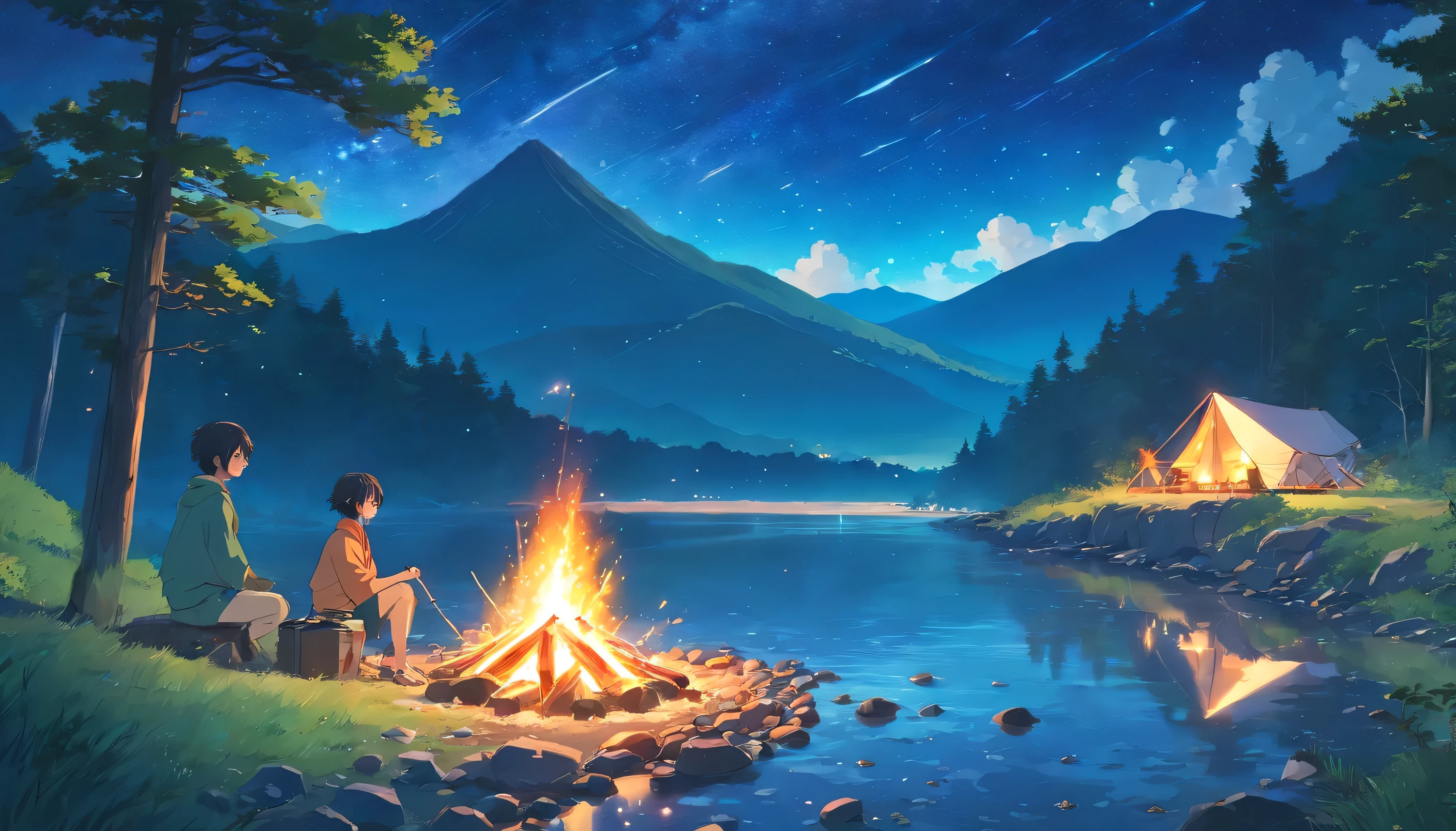 Mountain stream,camp,Bonfire,Starry Sky