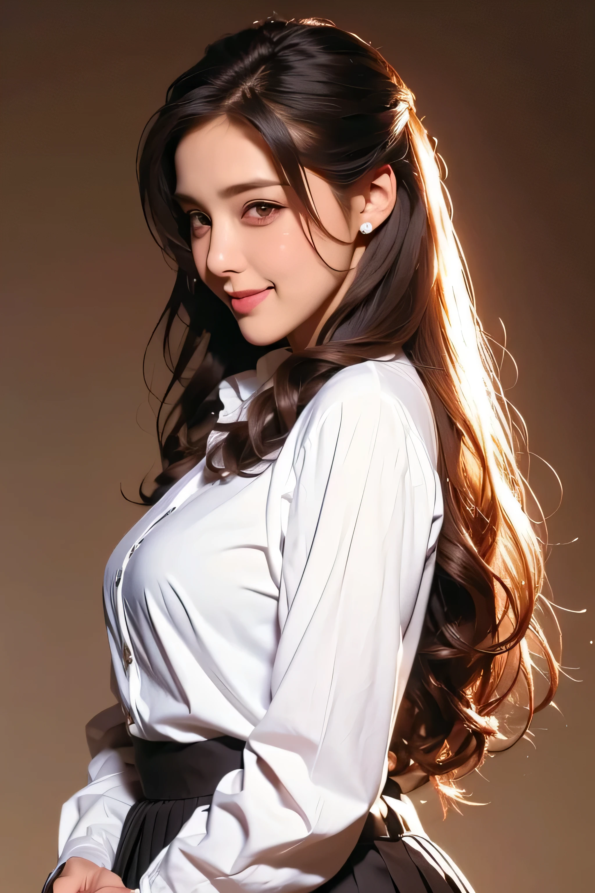 Beautiful 8 girl, Big eyes, midum Breasts, thin, 8k, highest quality, (Very detailed head: 1.0), (Highly detailed face: 1.0), (Very thin hair: 1.0), Maid clothes, High-resolution official artwork, Anime Moe Art Style, Beautiful and detailed anime art, shy smile, Blonde, Sleek Long Hair,(white long sleeve button up blouse_brown pleated mini skirt_Put the shirt inside the skirt:1.3))