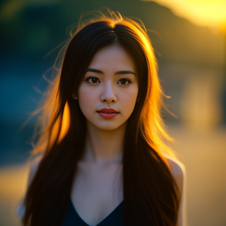 8K images, Shot with a high quality Fuji 45 camera.,000,000 pixels raw photo, best quality, Masterpiece:1.2), (realistic, photo-realistic:1.37), very detailed,1 woman,cute, Action in various poses, alone, outdoor warm light,) night sky warm light,) wide aperture, professional lighting, Sony A7R4, 50mm sessile lens. 2 medium sized breasts,Beautifully detailed eyes,(dark yellow t-shirt,) Long, flowing hair blows up.:1.2) realistic light colors,