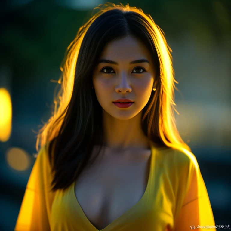 8K images, Shot with a high quality Fuji 45 camera.,000,000 pixels raw photo, best quality, Masterpiece:1.2), (realistic, photo-realistic:1.37), very detailed,1 woman,cute, Action in various poses, alone, outdoor warm light,) night sky warm light,) wide aperture, professional lighting, Sony A7R4, 50mm sessile lens. 2 medium sized breasts,Beautifully detailed eyes,(dark yellow t-shirt,) Long, flowing hair blows up.:1.2) realistic light colors,