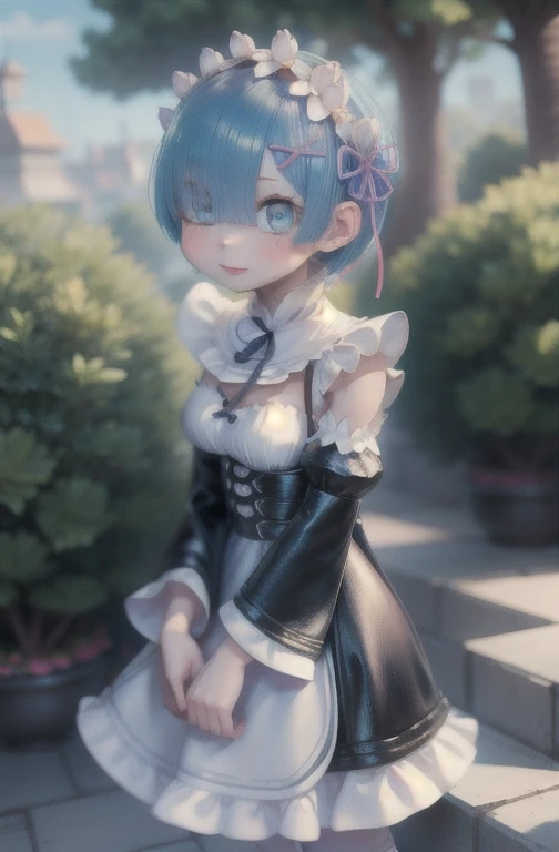 Rem /(Re:zero)/ ,anime girl sitting on steps , short light blue hair , blue eyes, girl fanart, in an anime style, in anime style, artwork in the style of guweiz, anime moe artstyle, modern anime style, anime style illustration, anime style only, anime artstyle, anime style, anime style character, anime style. 8k, anime style art, anime style 4 k