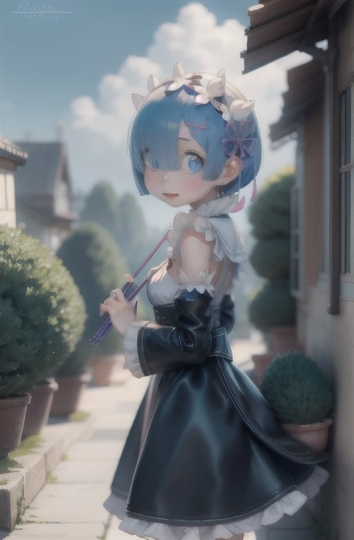 Rem /(Re:zero)/ ,anime girl sitting on steps , short light blue hair , blue eyes, girl fanart, in an anime style, in anime style, artwork in the style of guweiz, anime moe artstyle, modern anime style, anime style illustration, anime style only, anime artstyle, anime style, anime style character, anime style. 8k, anime style art, anime style 4 k