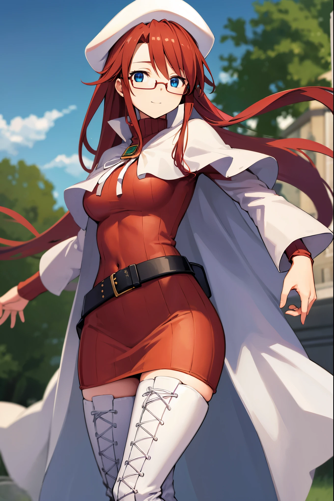 summonnightaty, aty, (young:1.3),long hair, blue eyes, red hair, large_beret, hat, glasses,
BREAK long hair, thighhighs, hat, dress, boots, glasses, belt, cape, sweater, zettai ryouiki, beret, thigh boots, white footwear, ribbed sweater, loose belt,solo,
BREAK outdoors, fantasy,on_cobblestone
,
BREAK (masterpiece:1.2), best quality, high resolution, unity 8k wallpaper, (illustration:0.8), (beautiful detailed eyes:1.6), extremely detailed face, perfect lighting, extremely detailed CG, (perfect hands, perfect anatomy),covered_nipples,covered_navel,light_smile ,(half_eyes:1.4),long_sword,armpit,sleepy,dynamic_fighting_pose,barrel,red_sweater,apart_legs,magical_effect,spread_legs, have_a_book,teacher,rise_knee,kind_face