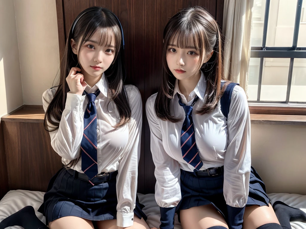 (8K, Raw photography, top-quality, masterpiece:1.2), master piece, best quality, illustration, Super detailed, fine details, High resolution, 8K,wall paper, perfect dynamic composition,(Details High quality, realistic depiction of eyes:1.3), ((2 girls, 2 schoolgirls)), The background is a luxury hotel room、High school girl uniform、blazer 、Super Short Check Uniform Skirt、Navy blue high socks、garterbelts、Colossal tits、Disturbed uniform, Play with each other,Touching each other's bodies,Touching the body of the girl next door, short bob hair, black hair color, huge breasts, Big Natural Color Lip, bold sexy pose, (perfect body shape), crying a little、cold gaze, Beautiful makeup,glitter makeup,Cutest 18 years old, beautiful legs, hposing Gravure Idol, Voluptuous thighs