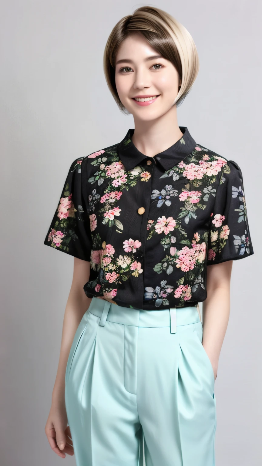230 (18-year-old female,Floral clothes), ((short hair:1.46)), (Pants Style), (A kind smile)
