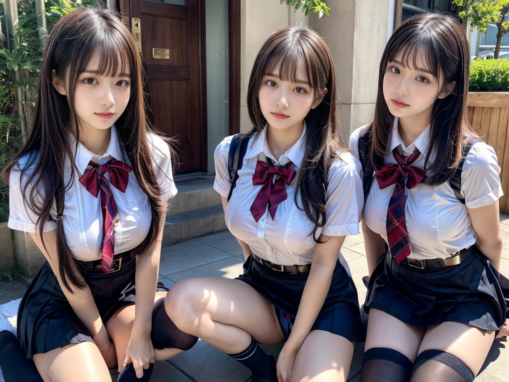 (8K, Raw photography, top-quality, masterpiece:1.2), master piece, best quality, illustration, Super detailed, fine details, High resolution, 8K,wall paper, perfect dynamic composition,(Details High quality, realistic depiction of eyes:1.3), ((2 girls, choolgirls)), The background is a luxury hotel room、High school girl uniform、blazer 、Super Short Check Uniform Skirt、Navy blue high socks、garterbelts、Colossal tits、Disturbed uniform, Play with each other,Touching each other's bodies,Touching the body of the girl next door, short bob hair, black hair color, huge breasts, Big Natural Color Lip, bold sexy pose, (perfect body shape), crying a little、cold gaze, Beautiful makeup,glitter makeup,Cutest 18 years old, beautiful legs, hposing Gravure Idol, Voluptuous thighs