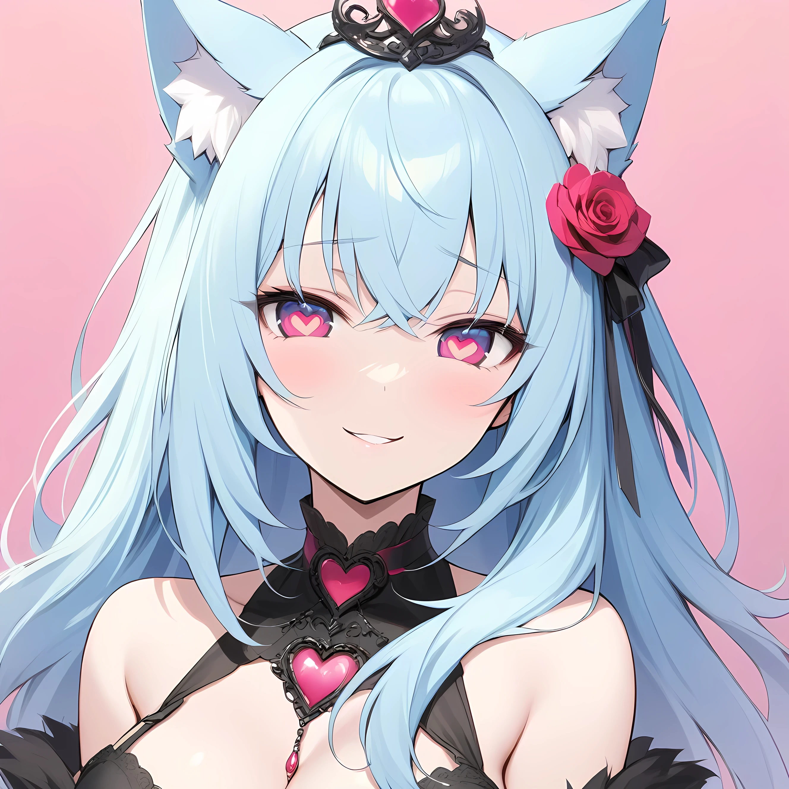 absurdres, blue wolf ears,wolf eyes,1 girl, adult ,,over 20 years old,with ice blue hair and red eyes with pink hearts in eyes, official art,pink background, red hearts in background , half body, seductive smile, wearing a black ball gown,blue rose in head as ornamental, heart in eyes, only 1 girl,no wolfs,yandere expressing, large breahot heir, messy heir , twin ponytail heir