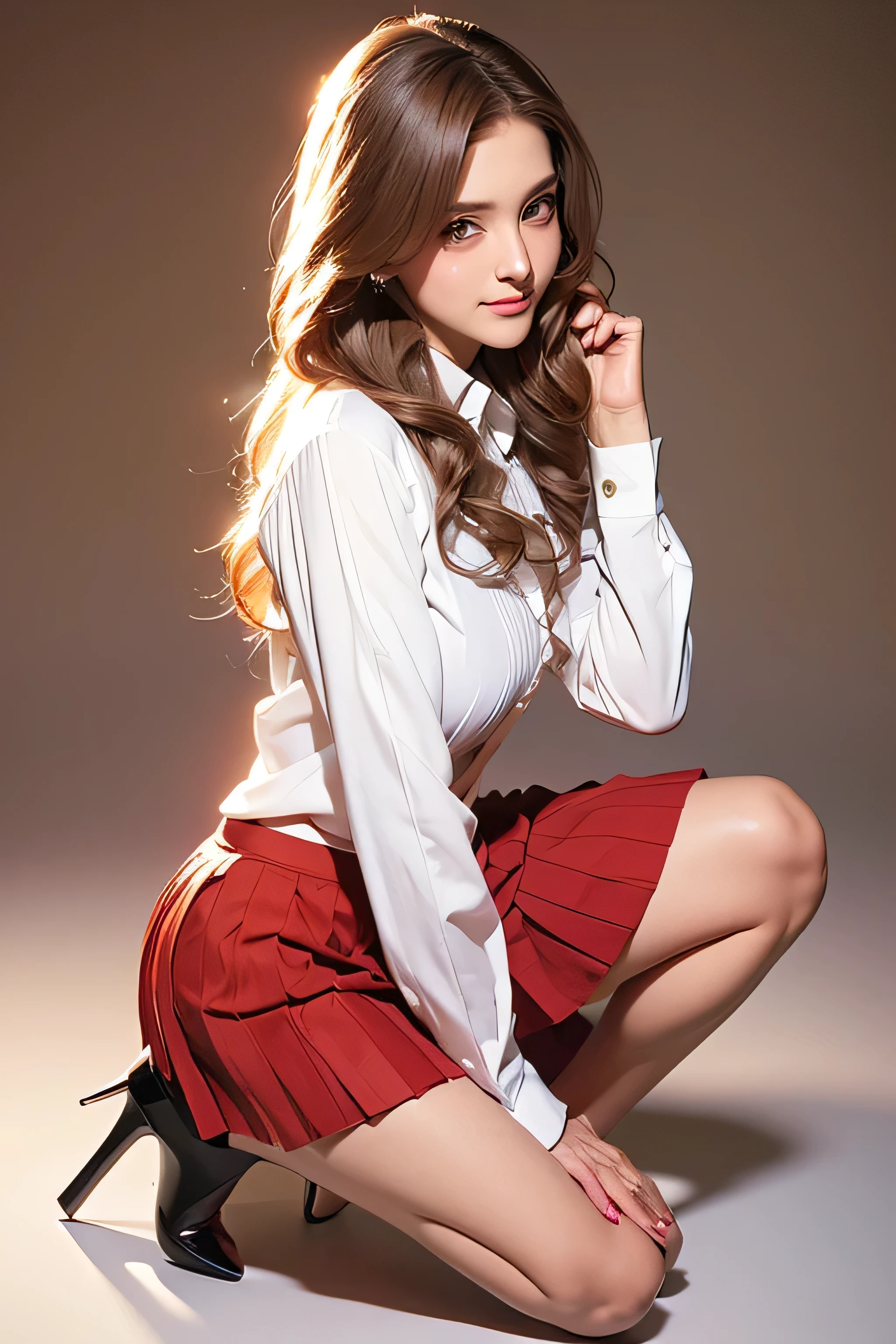 Beautiful 8 year old girl, Big eyes, midum Breasts, thin, 8k, highest quality, (Very detailed head: 1.0), (Highly detailed face: 1.0), (Very thin hair: 1.0), Maid clothes, High-resolution official artwork, Anime Moe Art Style, Beautiful and detailed anime art, shy smile, Blonde, Sleek Long Hair,(white long sleeve button up blouse_brown pleated mini skirt＿Put the shirt inside the skirt:1.3))((red heels:1.3))))
