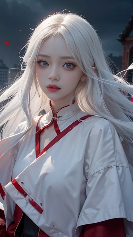 8k,cute_girl, Ghost,Fair_skin,,Oval face,Light_blush,Red Eyes,demon_wing,lol,(white hair), long red hair, Red Eyes, (whole body), angry face, (Beautiful and delicate eyes), Blood Drop,Blood Mist, Flowing hair, disheveled hair, Splashing blood,(Blood),Stand on the city wall,panoramic,Release Blood Magic