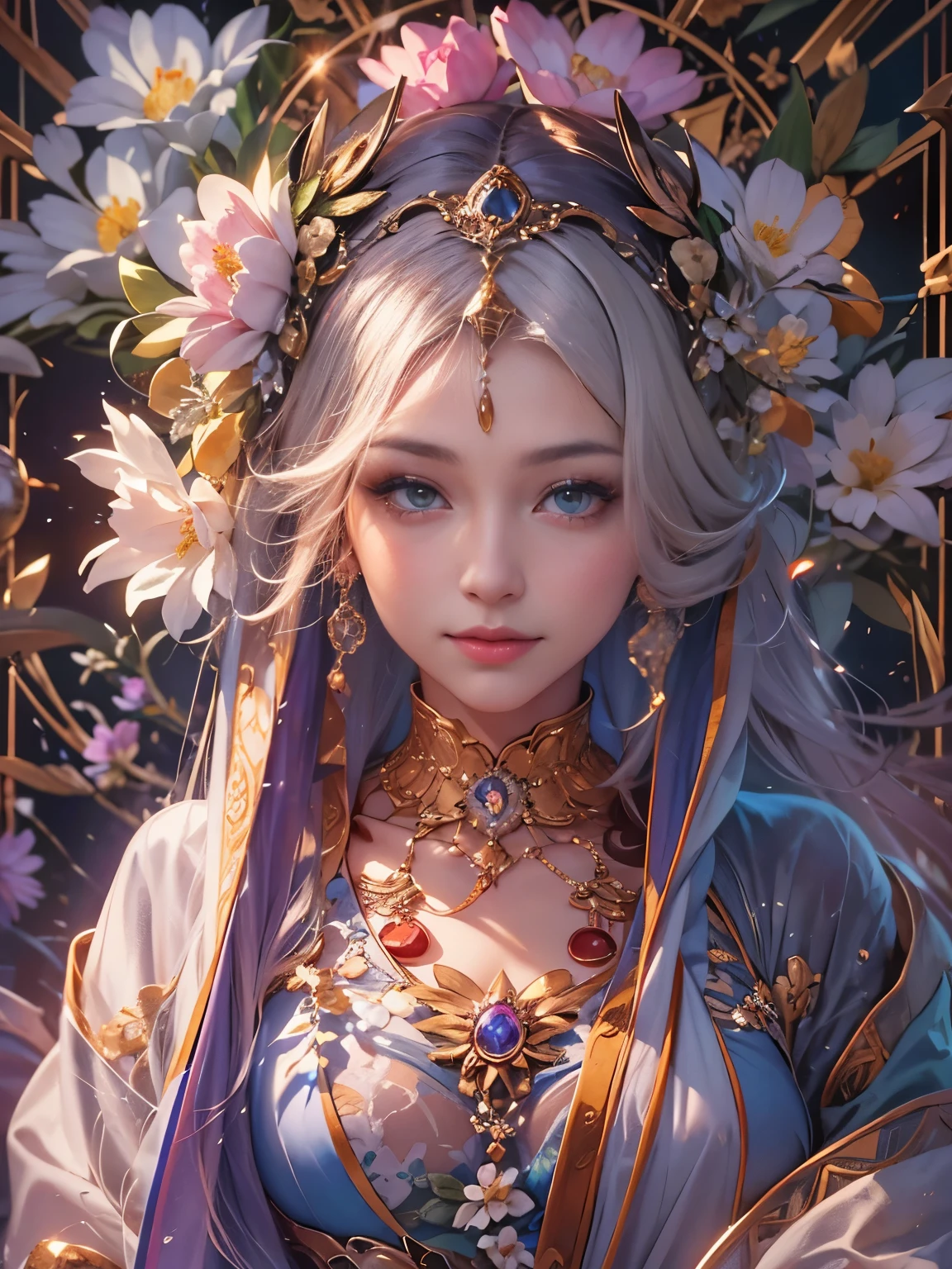 Arabian woman in kimono with flowers on her head, Beautiful digital artwork, Beautiful digital illustrations, Beautiful digital painting, Gorgeous digital painting, Gweiz-style artwork, Photorealistic anime girl rendering, Smooth anime CG art, Beautiful digital art, Amazing digital art with great detail, Amazing digital illustrations, Detailed digital anime art, April Rendering, Beautiful anime portraits, Like a perfect fairy, Yasutomo Oka's painting style, Big Breasts, Add light purple and purple, Add Light Red, Intricate details, Splash screen, 8K resolution, masterpiece, Meek smile, Big temple, mysterious magic circle background, Esoteric Mandala, Colorful background, aura, Gentle gaze, Break, Blonde, dynamic sexy poses, Strong winds, Mr.々Light source, Colorful light,