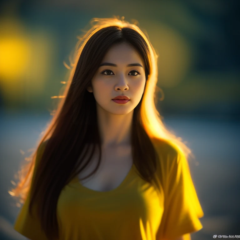 8K images, Shot with a high quality Fuji 45 camera.,000,000 pixels raw photo, best quality, Masterpiece:1.2), (realistic, photo-realistic:1.37), very detailed,1 woman,cute, Action in various poses, alone, outdoor warm light,) night sky warm light,) wide aperture, professional lighting, Sony A7R4, 50mm sessile lens. 2 medium sized breasts,Beautifully detailed eyes,(dark yellow t-shirt,) Long, flowing hair blows up.:1.2) realistic light colors,