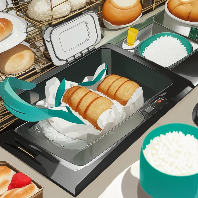 Hatsune Miku pits French bread against a rice cooker