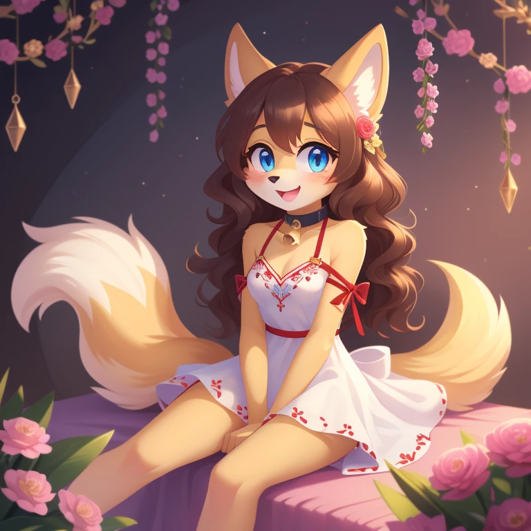 best quality,best resolution,(fluffy anthro furry :1.6),(young :1.6),solo,dog girl,small breasts,gold canine ears,gold dog tail,gold body fur,dark brown long hair,wavy hair,curvy hair,blue eyes,sparkle eyes,glistering eyes,small bell collar,flower hair ornaments,white dress with flower embroidery,raffles,sleeveless,bare shoulder,flowers surronded,floral decoraton ornaments,ribbon bondage,luxury flower shop,looking at viewer,full face blush,shy face,horny smile,open mouth,panoramic view,sitting,gorgeous gown with gold floral embroidered