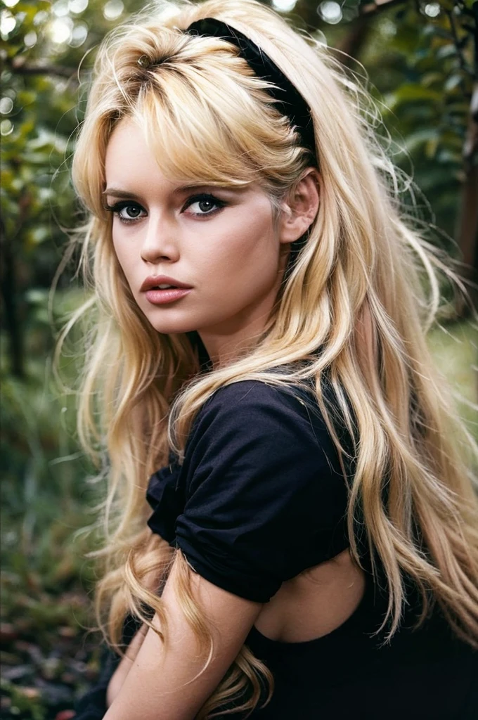 Detailed Photo of 1 bbardot woman with dark eye makeup and a black bow on her head, detailed face, Beautiful, Perfect Eyes, (highly detailed skin:1.1), perfect body, wearing a swing dress, Professional Photography, Soft Lighting, Photorealistic, Realistic, ((Fog:1.2)), ((in a Forest background)), blurred background, volumetric fog, God Rays, Bokeh, RAW, analog style, sharp focus, 8k, high res, DSLR, high quality, Fujifilm XT3, film grain, award winning, stunning