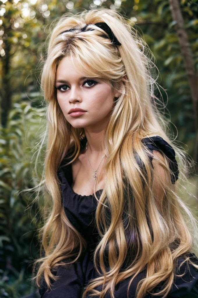 Detailed Photo of 1 bbardot woman with dark eye makeup and a black bow on her head, detailed face, Beautiful, Perfect Eyes, (highly detailed skin:1.1), perfect body, wearing a swing dress, Professional Photography, Soft Lighting, Photorealistic, Realistic, ((Fog:1.2)), ((in a Forest background)), blurred background, volumetric fog, God Rays, Bokeh, RAW, analog style, sharp focus, 8k, high res, DSLR, high quality, Fujifilm XT3, film grain, award winning, stunning