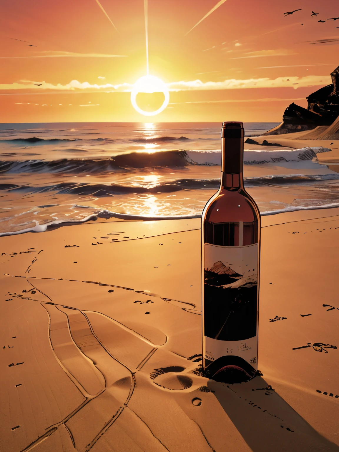a wine bottle at 45 degree angle,beach,sand,ocean,waves,sunset, marvel comic style