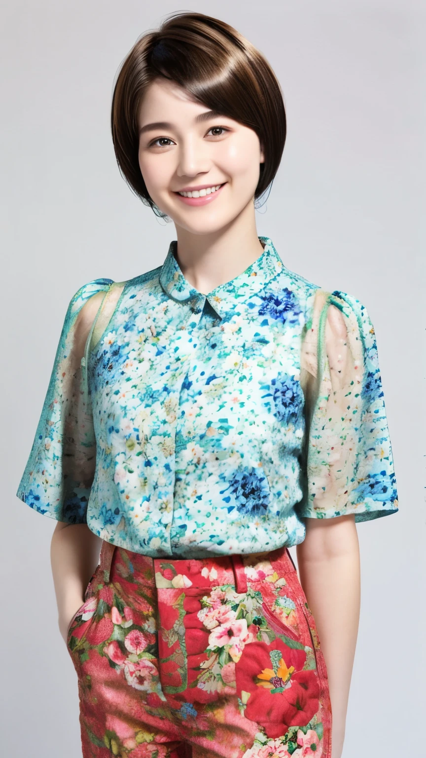 230 (18-year-old female,Floral clothes),  ((short hair:1.46)),  (Pants Style), (A kind smile)